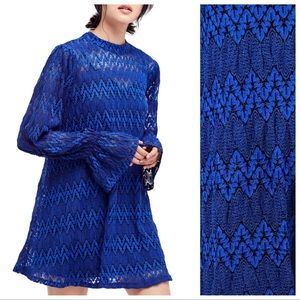 Free People Simone Blue Mock Neck Lace Mini Dress